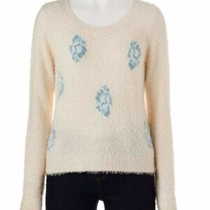LC Lauren‎ Conrad Sweater Womens Medium Cream Blue Floral Eyelash Knit Pullover
